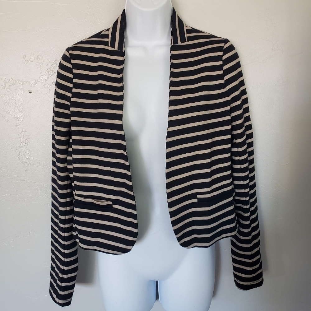 Dorothy Perkins Women's Black Beige Striped Blazer Long Sleeve Preppy Dressy Top